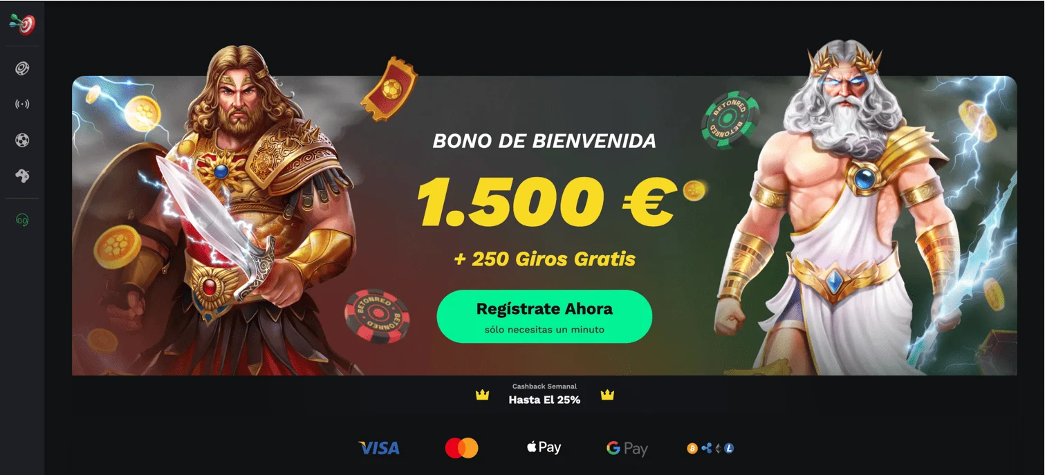 Bono de bienvenida de BetOnRed: 1.500 € más 250 giros gratis con el botón «Regístrate Ahora»
