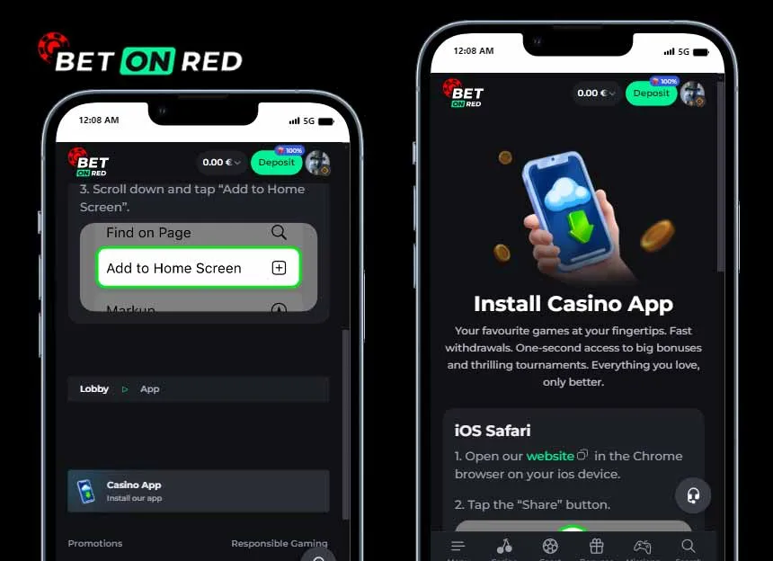 Instrucciones de BetOnRed para instalar la aplicación de casino desde el navegador móvil añadiéndola a la pantalla de inicio