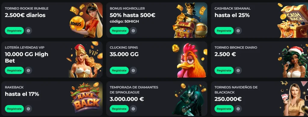 Sección de promociones de BetOnRed con torneos diarios, bonus highroller, cashback semanal y rakeback