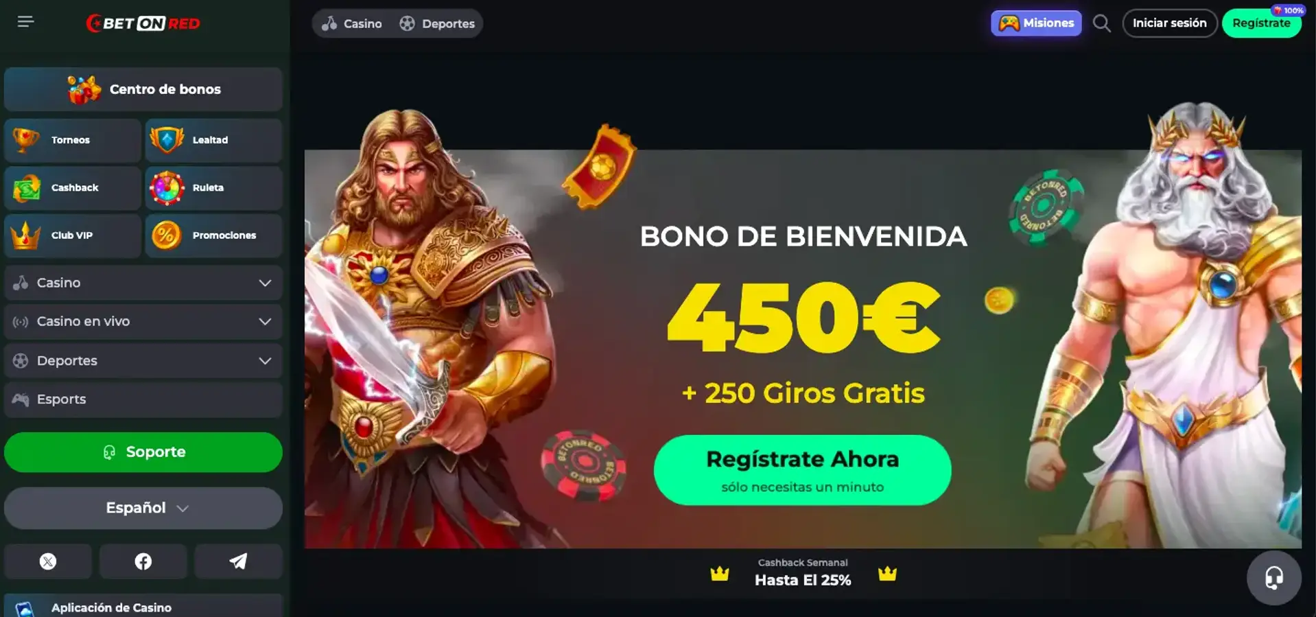 Página de inicio de BetOnRed con el menú lateral de bonos, el banner de bienvenida y el acceso al registro